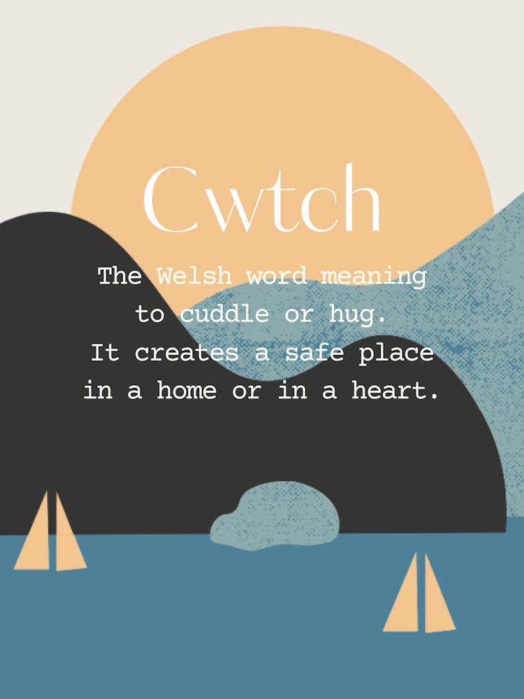 Welsh Cwtch Quote Sea, Sun and Boats, Blue and Neuteal