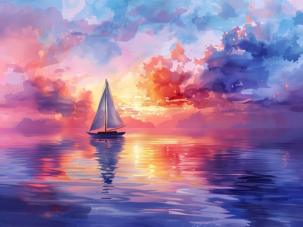 Watercolor Sailboat At Sunset 11