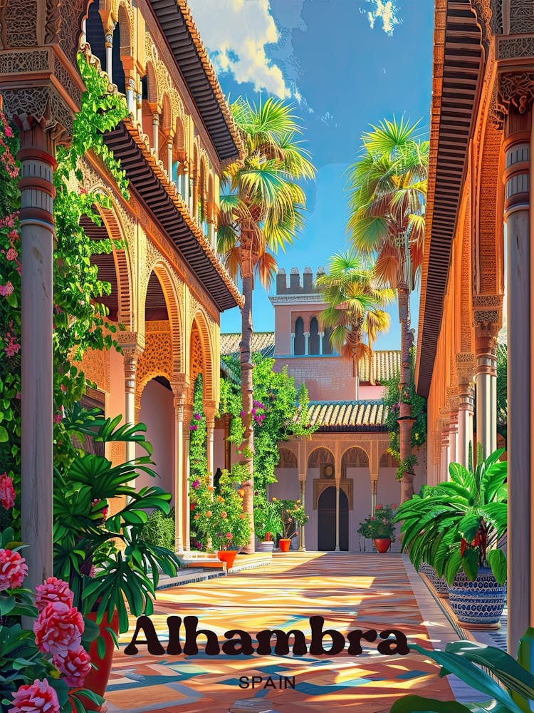 Alhambra Spain Palace Digital Travel Illustration
