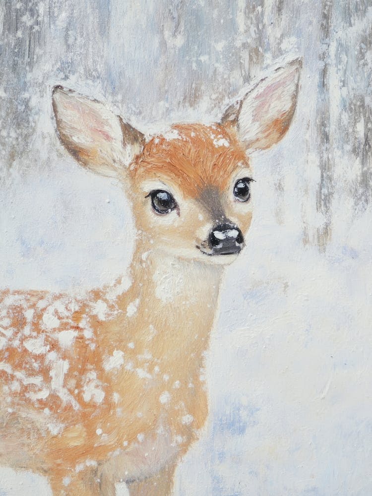 Fawn In The Snow. Acrylic Christmas Illustration for Kids Room. Nursery