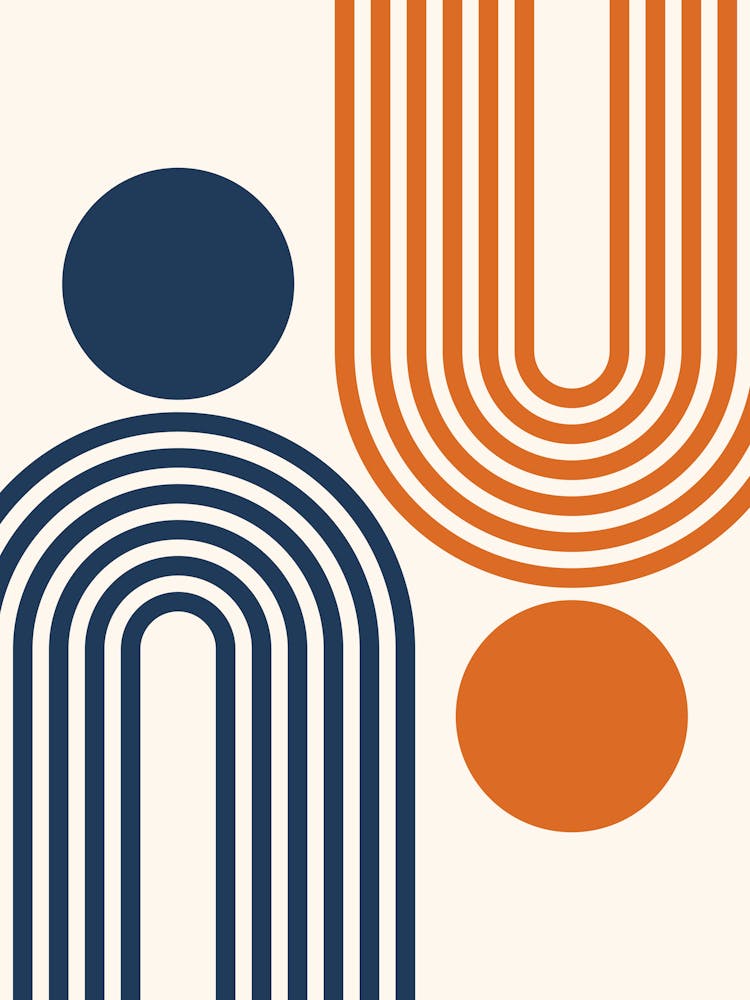 Mid Century Modern Geometric Rainbow And Sun Abstract A3 In Navy Blue Burnt Orange 01