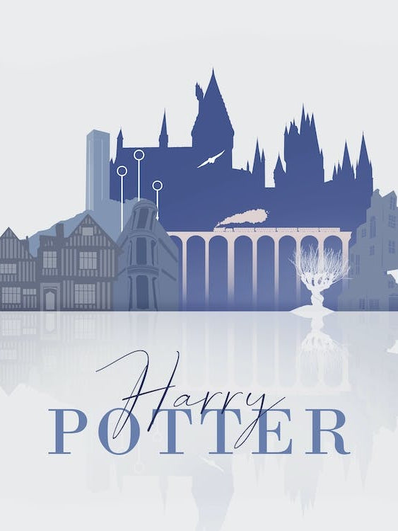 Harry Potter Skyline Print in Blue/Grey - Harry Potter Nursery Art, Harry Potter Gift, Harry Potters, Harry Potter Decor, Hogwarts Print.
