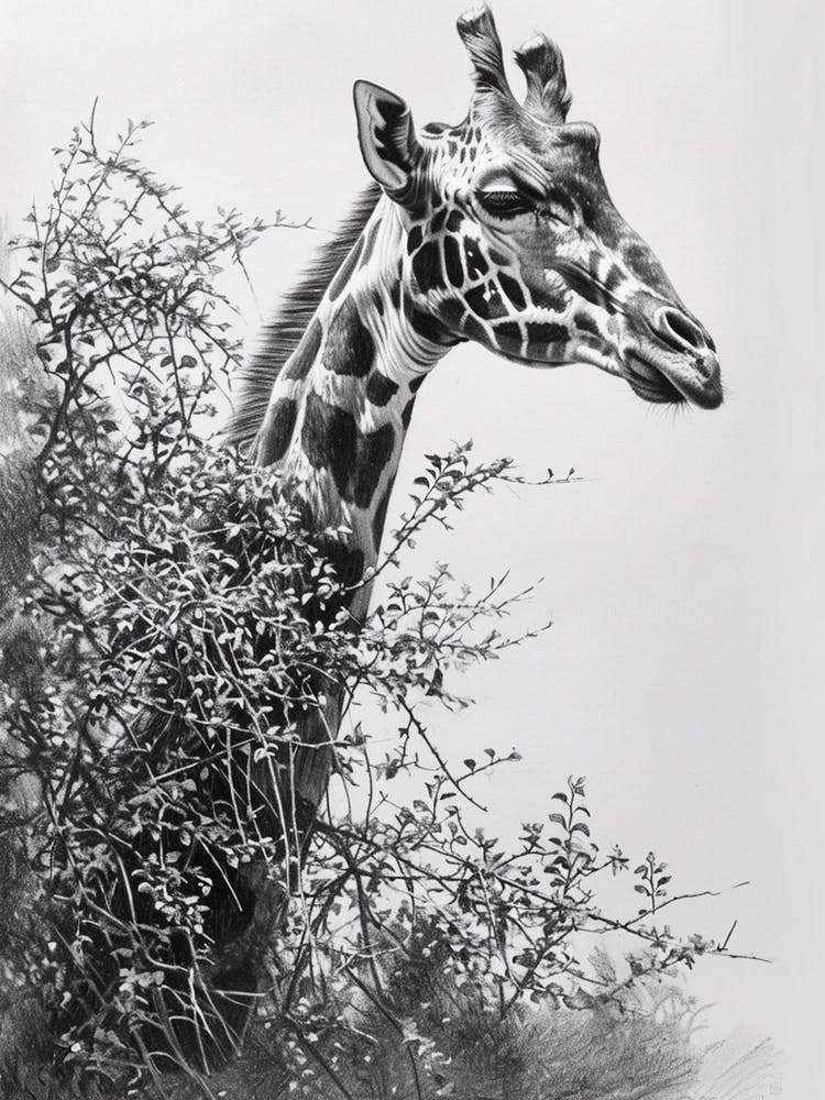 Giraffe With Head In The Branches Pencil Drawing 5