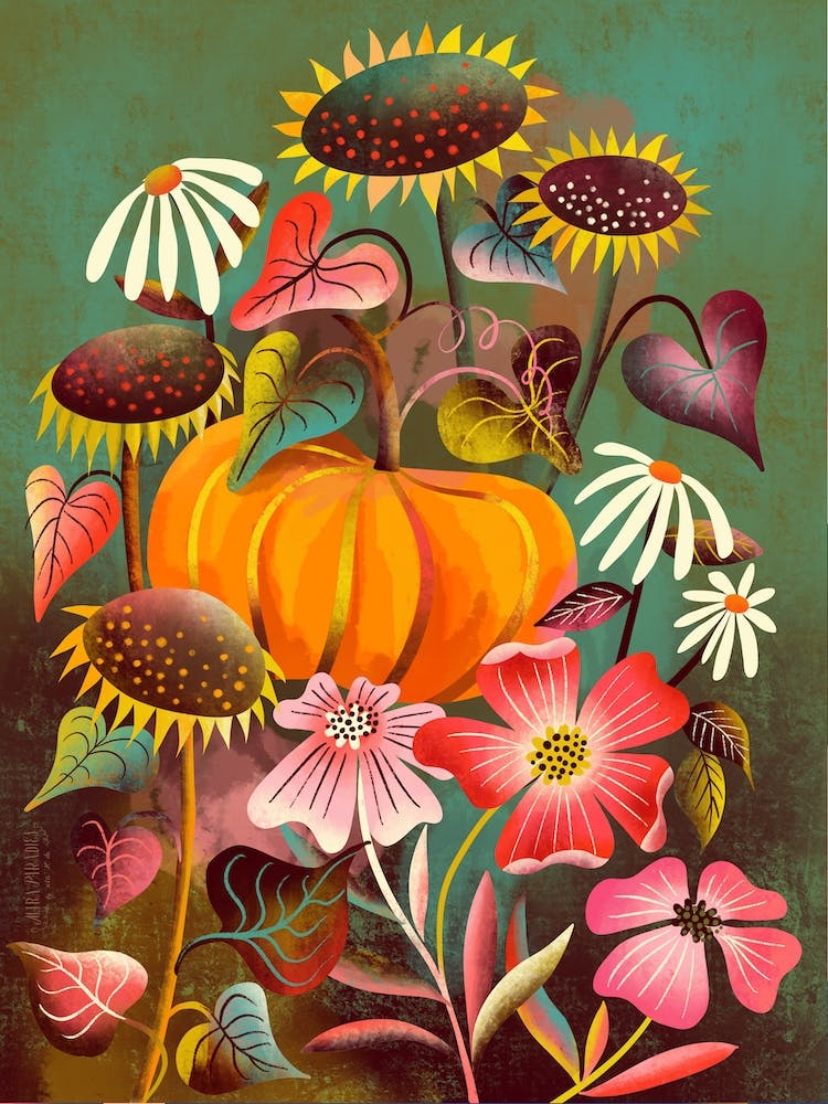 Harvest With Pumpkin And Sunflowers
