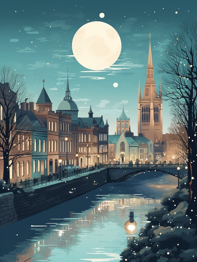 Winter Travel Night Illustration Dublin Ireland 1