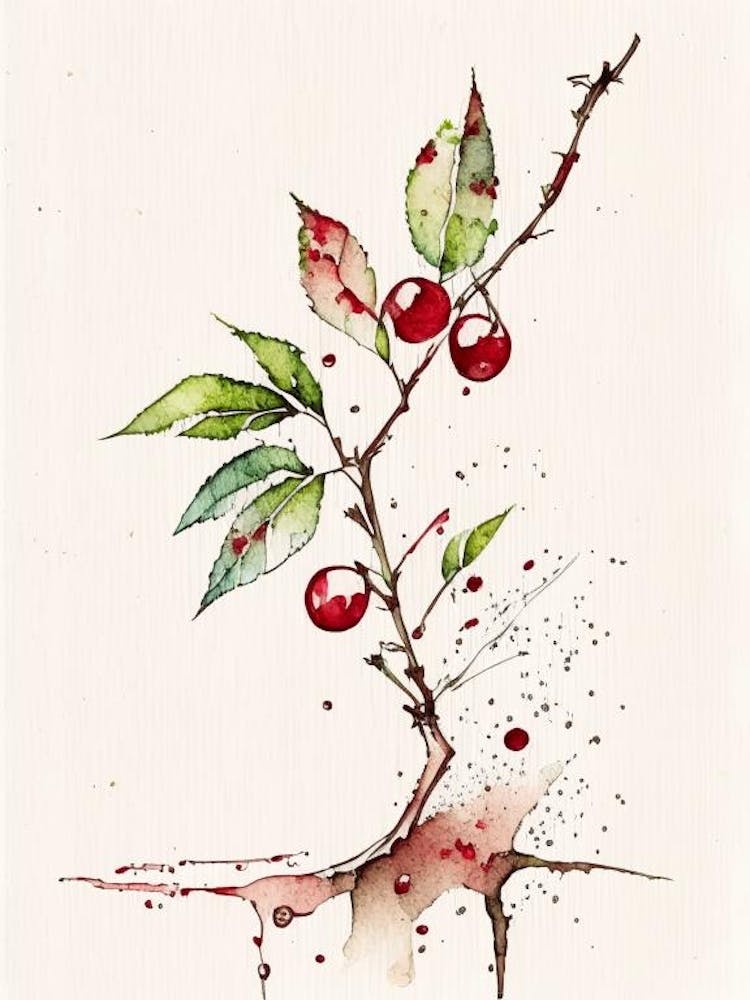 Wildkirschrinde Kraut Minimalistische Aquarellmalerei 3