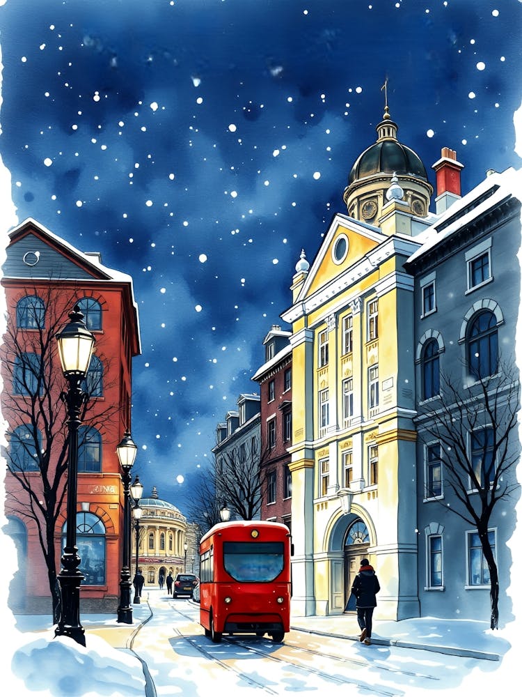 Winter Street Scene With Red Bus