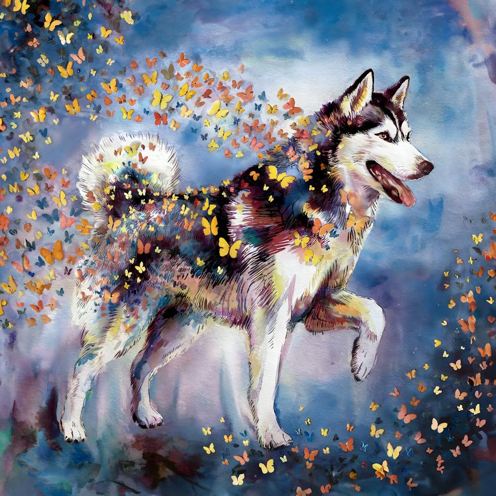 Husky Dog With Butterflies