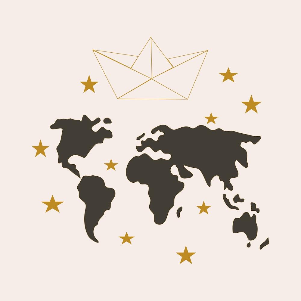 Paper Boat And World Map Square