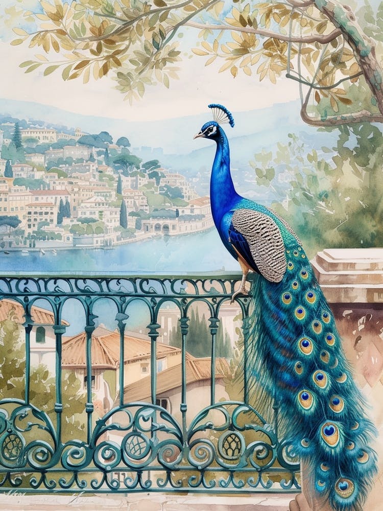 Watercolour Peacock On An Iron Balcony 2