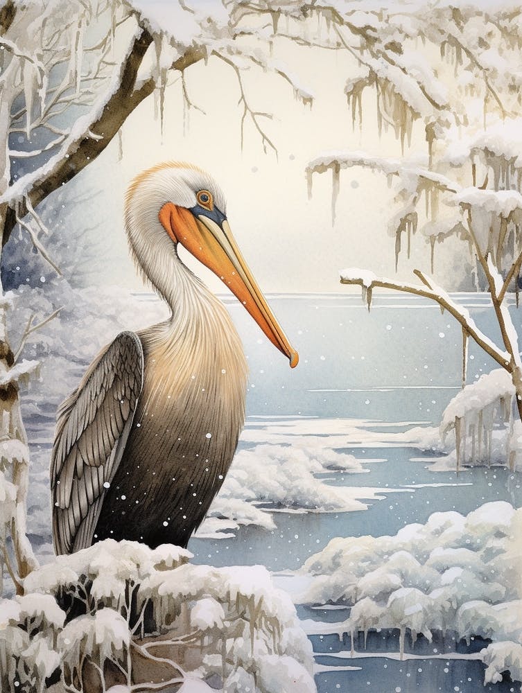 Peinture d'Oiseau Hivernal Pélican Brun 2