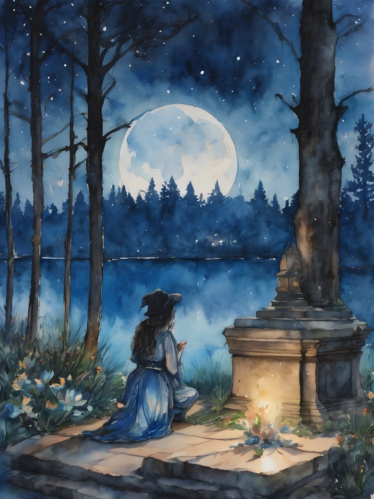 Blue Witch Tombside ~ Communing With Spirit, Sacred Space, Witchcraft Yoga Pagan Full moon Law Of Attraction Watercolor Painting