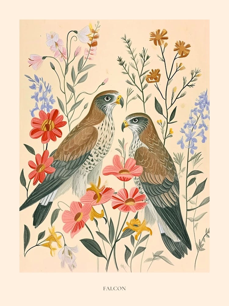 Folksy Floral Animal Drawing Falcon 3 Poster