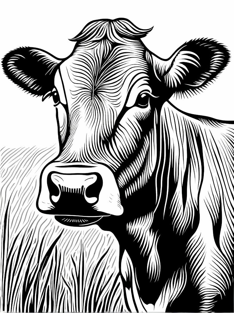 Cow Lino cut Black And White art, animal art, 154