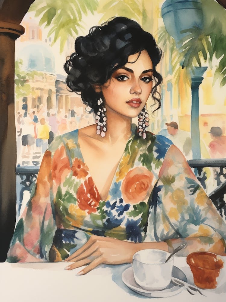 At A Cafe In Barcelona Spain Watercolour