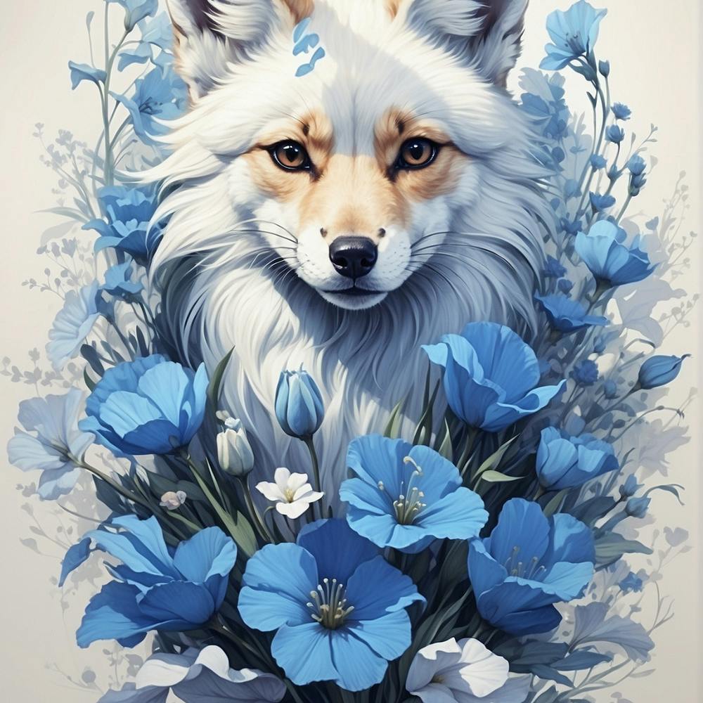 Fox In Blue Flowers