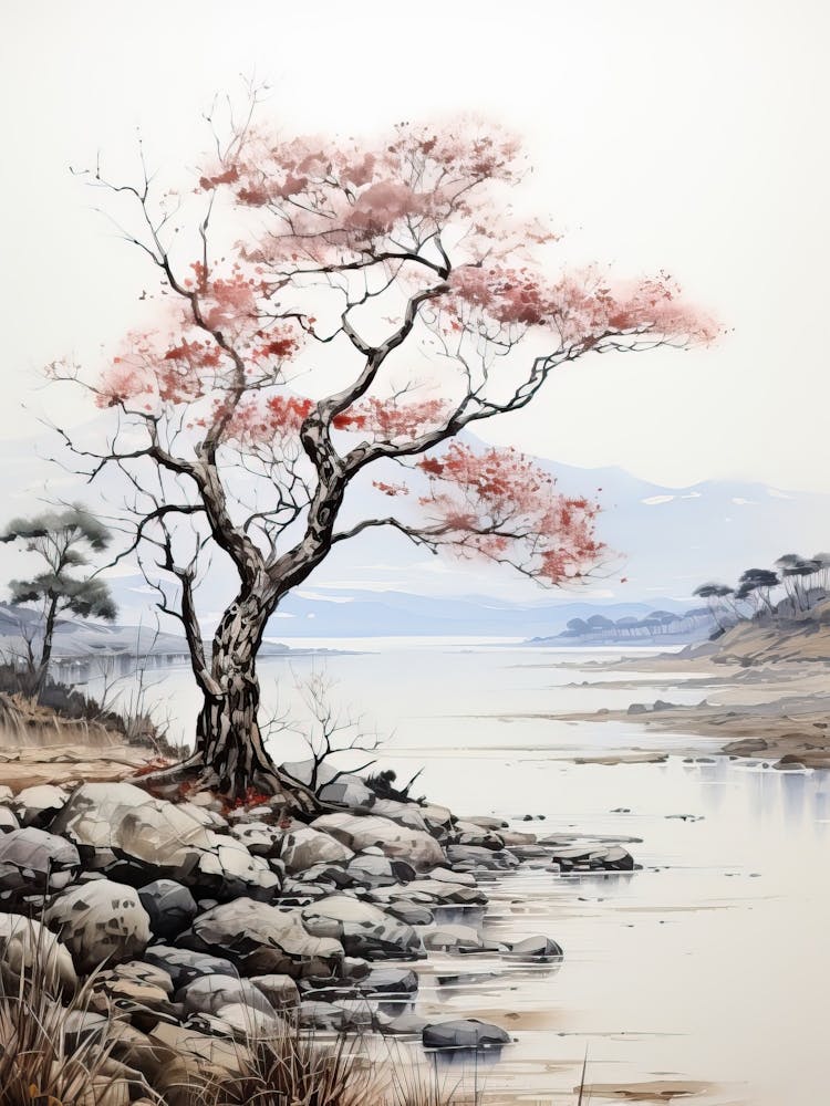 Lake Biwa In Shiga, Japanese Brush Painting, Ukiyo E, Minimal 2