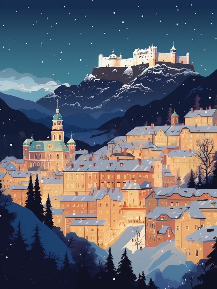 Winter Reise Nacht Illustration Salzburg Österreich 3