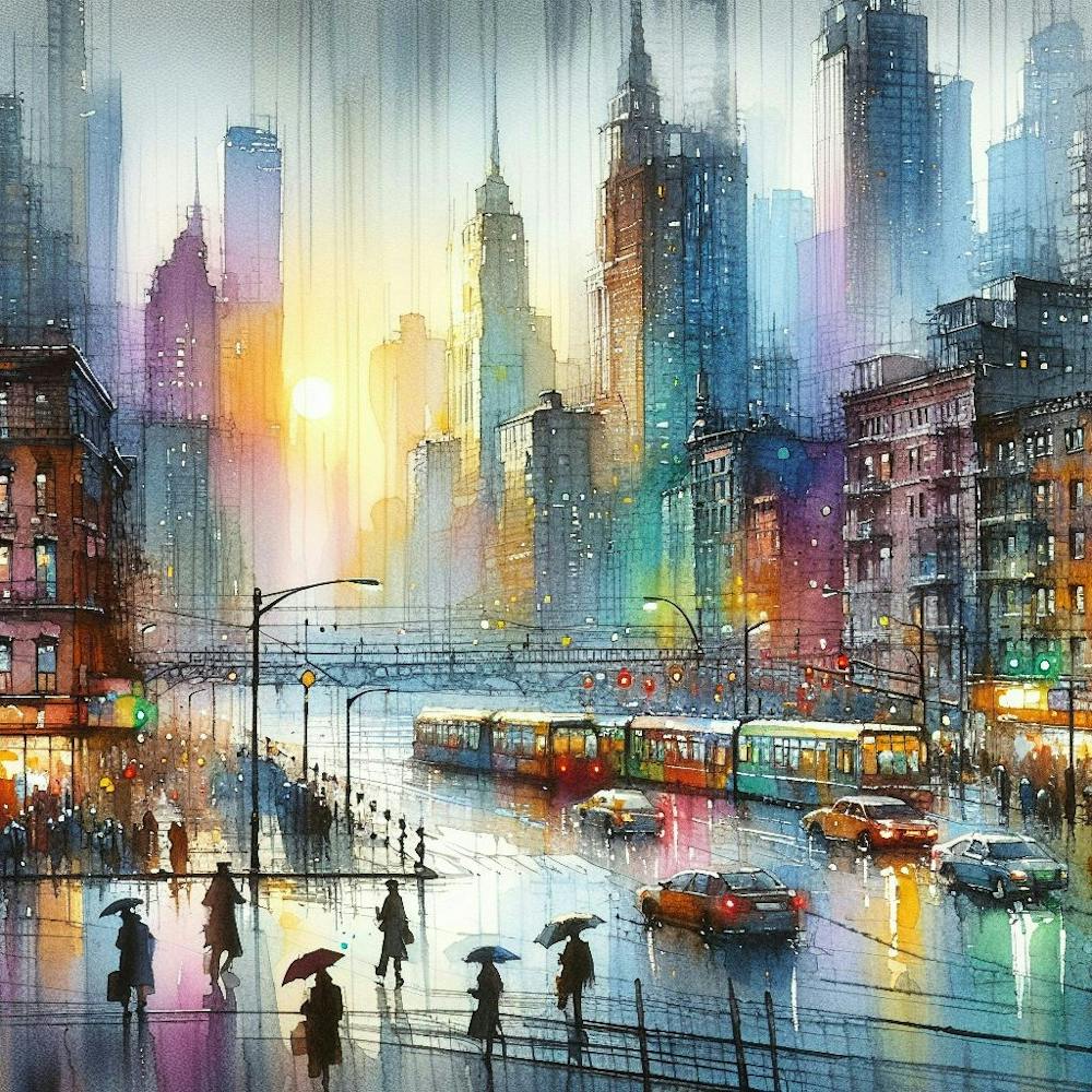 Cityscape in Rain: Expressive Watercolor Painting with Bernard Buffet Inspired Realism, Impressionistic Colors, and Atmospheric Techniques.