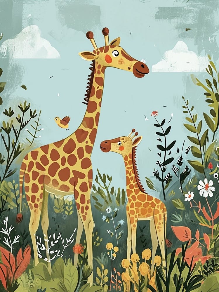 Mother Giraffe & Calf Colourful Illustration 4