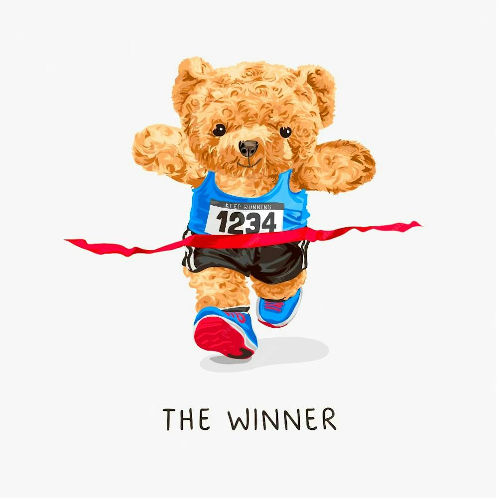 the winner's slogan with cute bear doll marathon