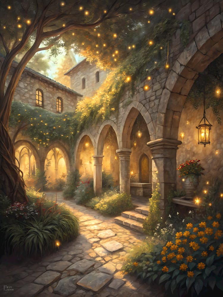 Oil Painting Style Enchanted Courtyard Magical Garden with Glowing Lanterns and Archways