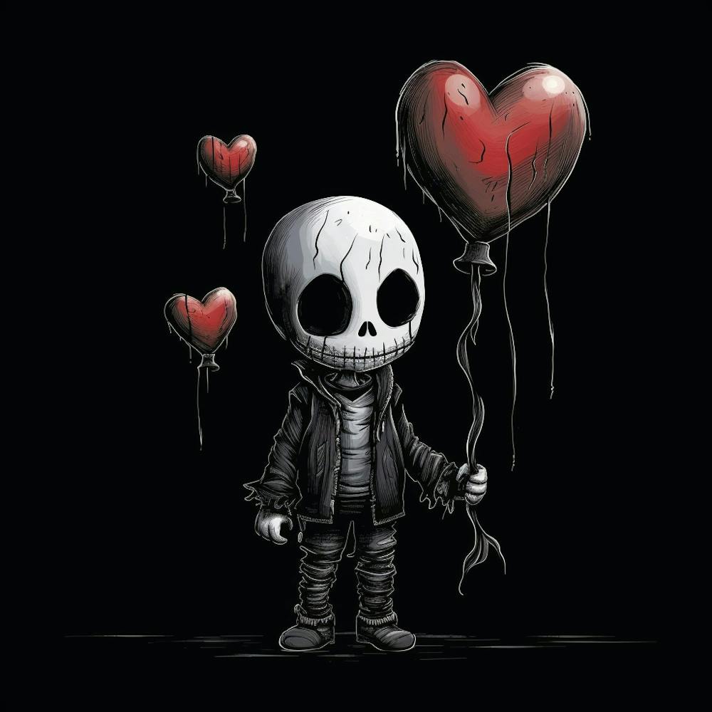 Skeleton Holding Love Balloons