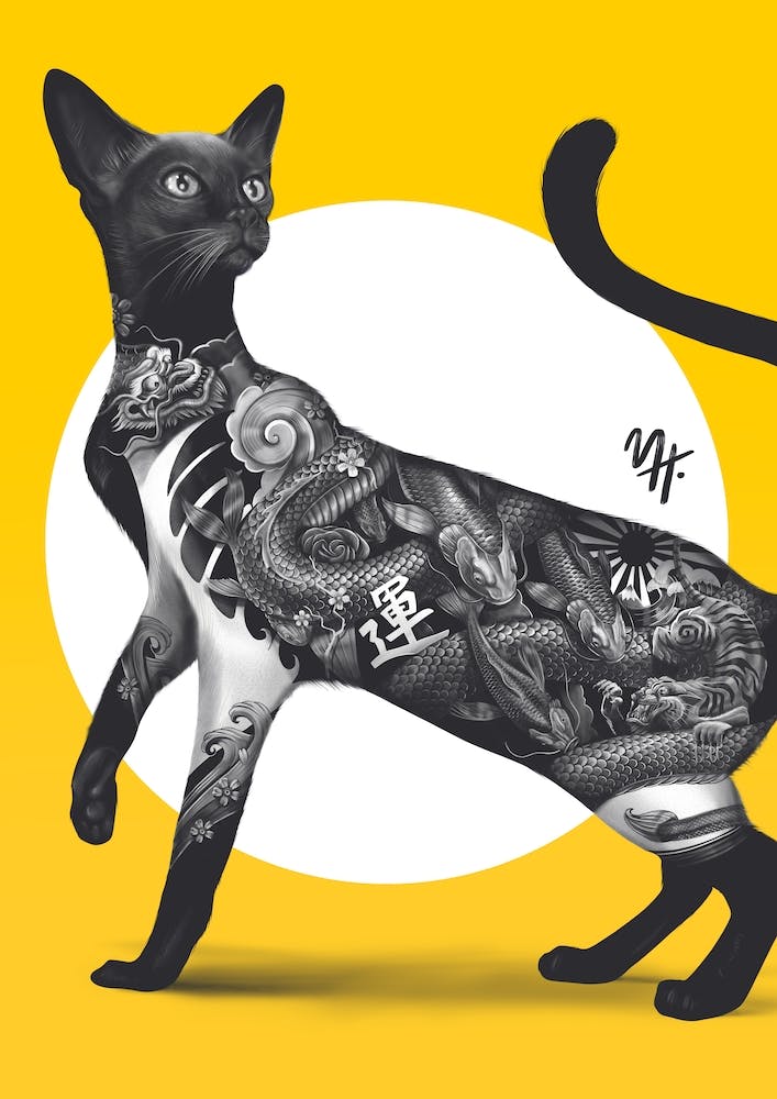 Japanese Cat Tattoo Yellow