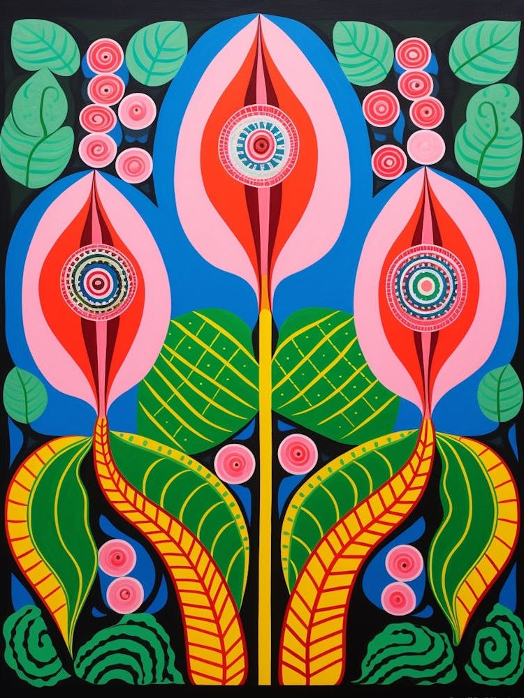 Flower Motif Painting Flamingo Flower