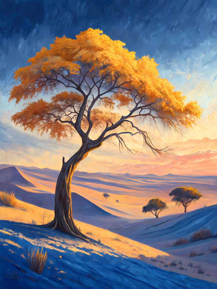 Oil Painting Style Golden Savanna Tree Vibrant African Landscape with Blue Sky