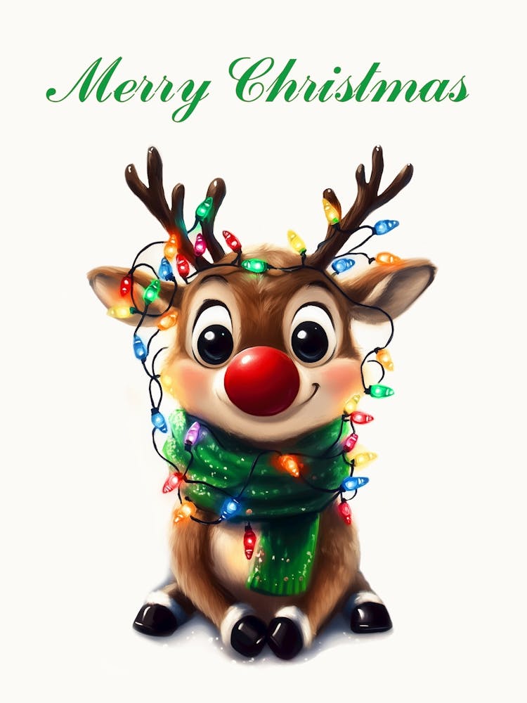 Merry Christmas Rudolph Rentier Illustration, Niedliches Reh mit Lichterkette