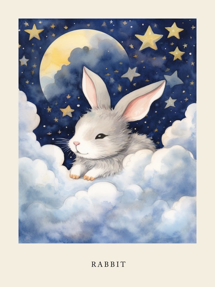 Baby Rabbit 3 Sleeping In The Clouds Nursery Poster