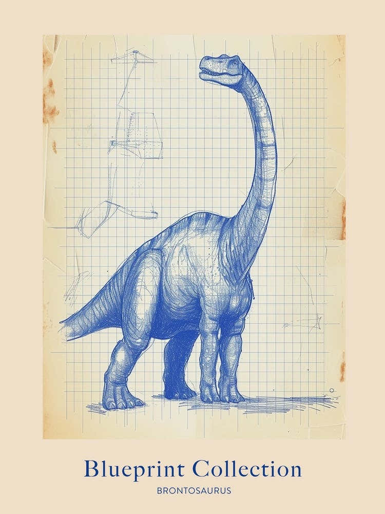 Brontosaurus Dinosaur Blue Print Sketch 2 Poster