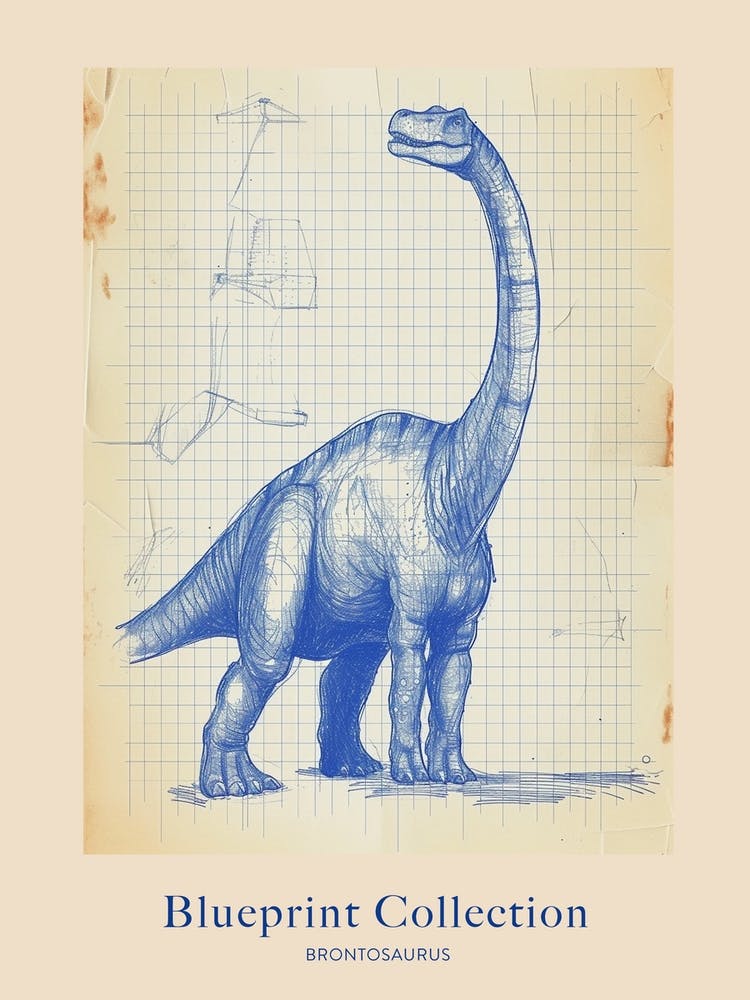 Brontosaurus Dinosaur Blue Print Sketch 2 Poster