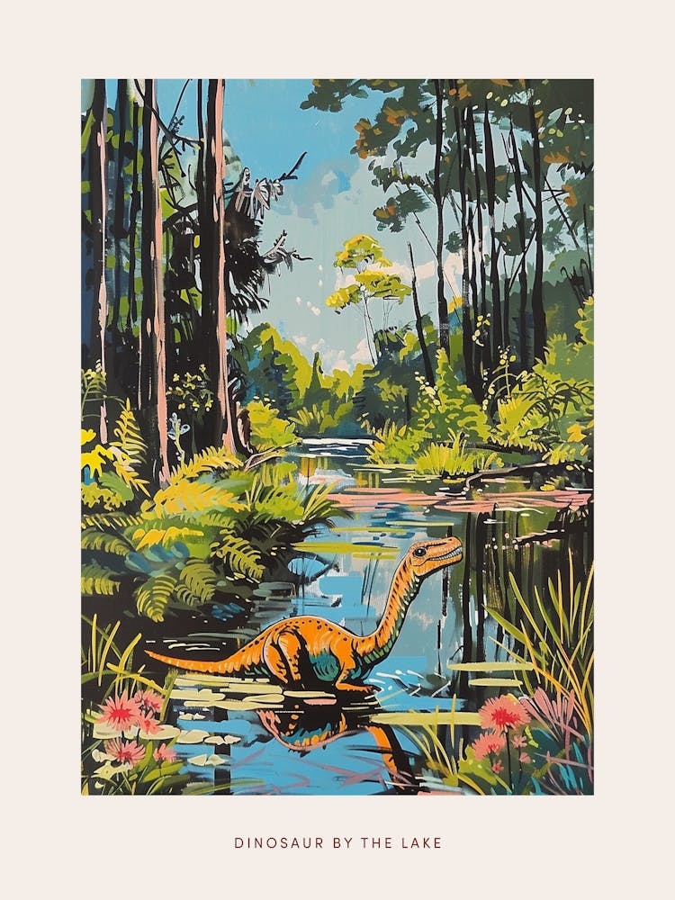 Dinosaur In A Woodland Lake Painting Poster