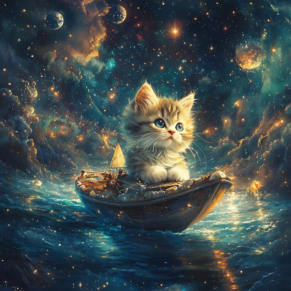 Cat Sailing Starry Sea Fantasy