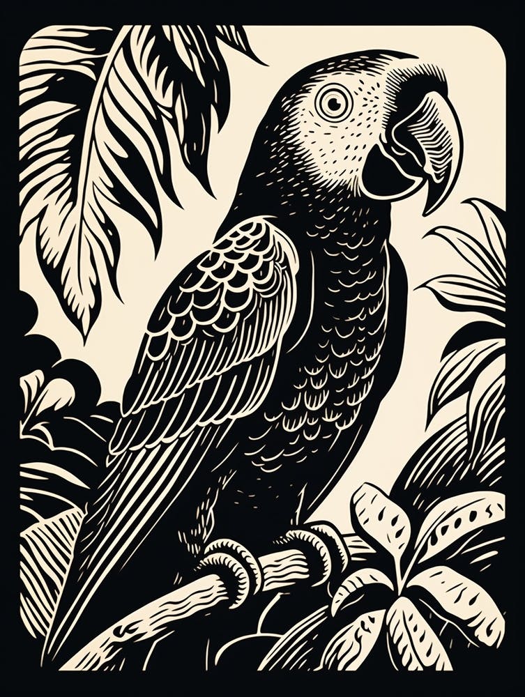 B&W Bird Linocut Macaw 1