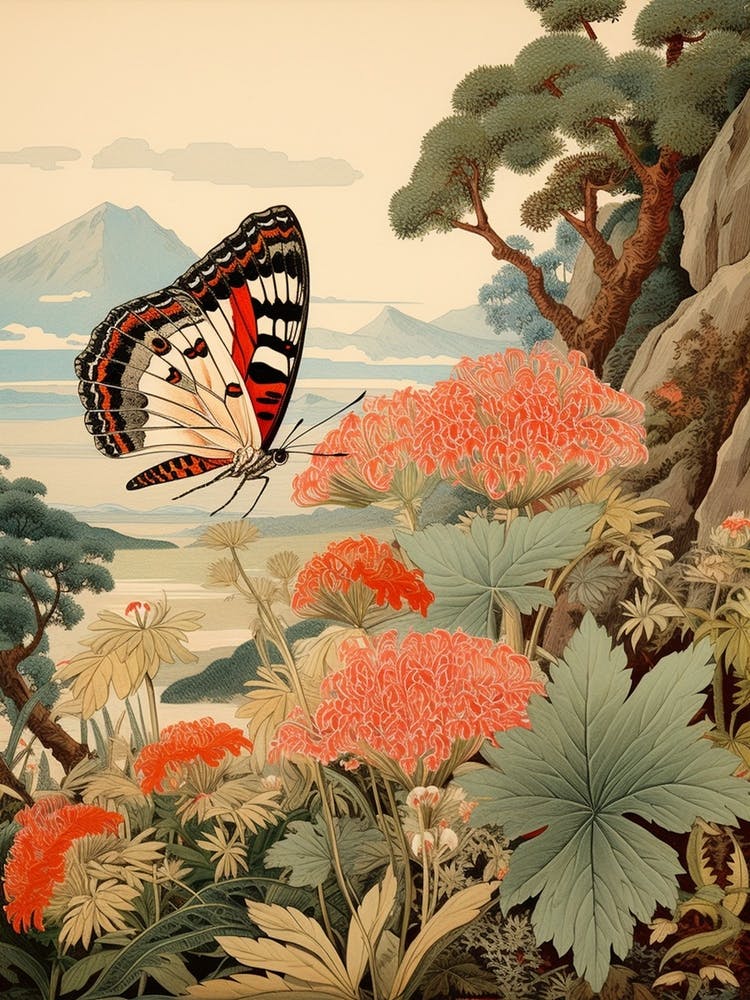 Butterfly With Beautiful Pink Flowers Japanese Style Painting 2