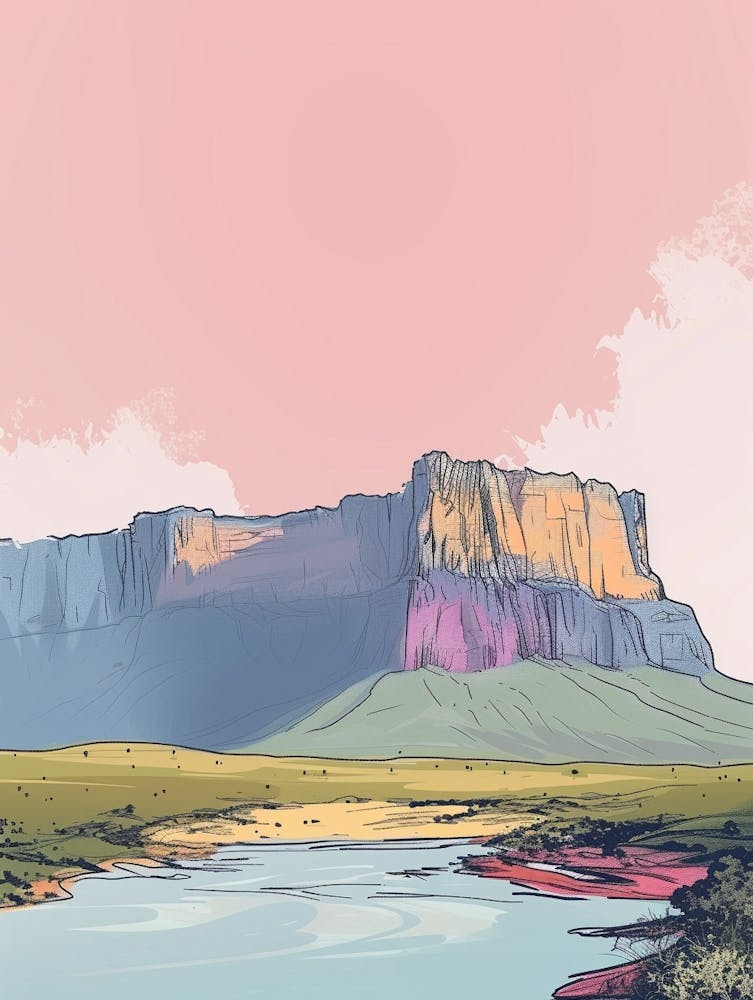 Mount Roraima Venezuela Brazil Color Line Drawing (1)