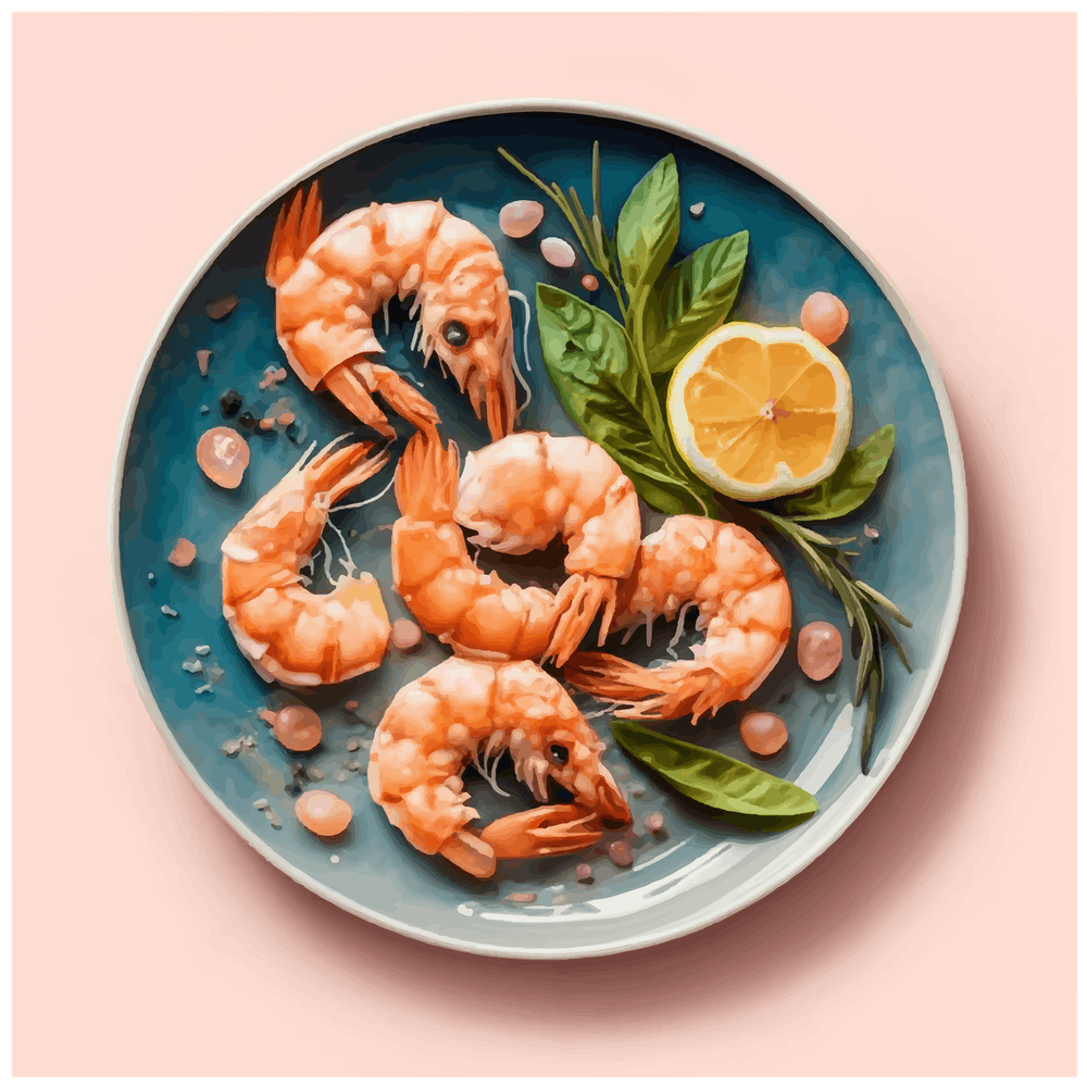 Prawns On A Plate, Shrimp Pastel Watercolor