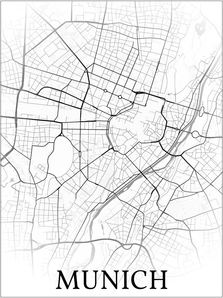 Munich, Bavaria, Germany, City Map, Black And White Fade Design