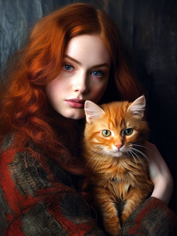 Red Haired Girl With Cat