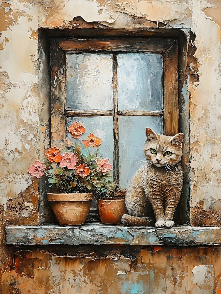 Chat dans la Fenêtre avec des Fleurs 22
