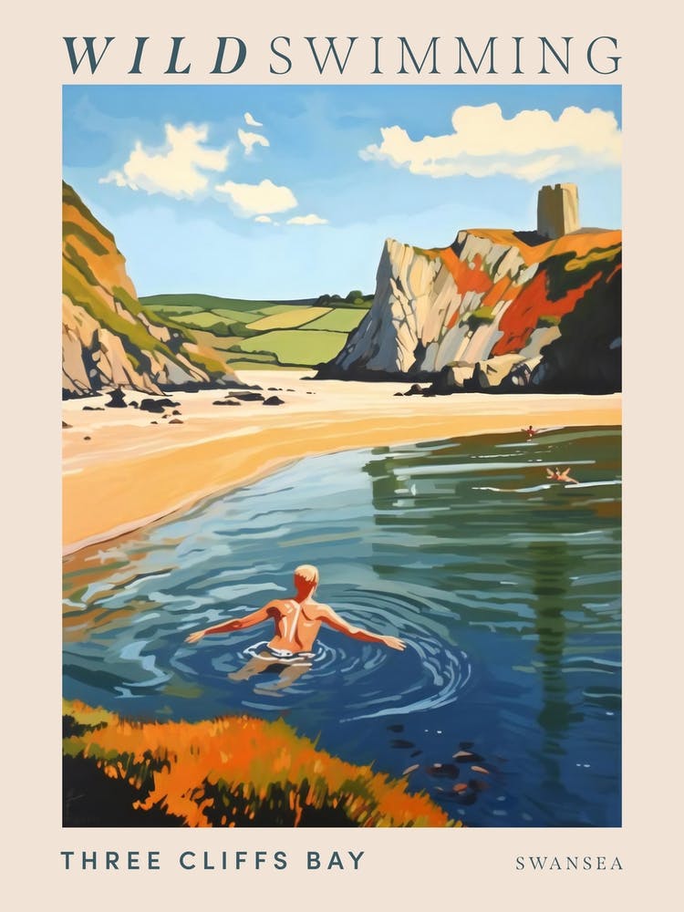 Wild Swimming At Three Cliffs Bay Swansea 2 Poster