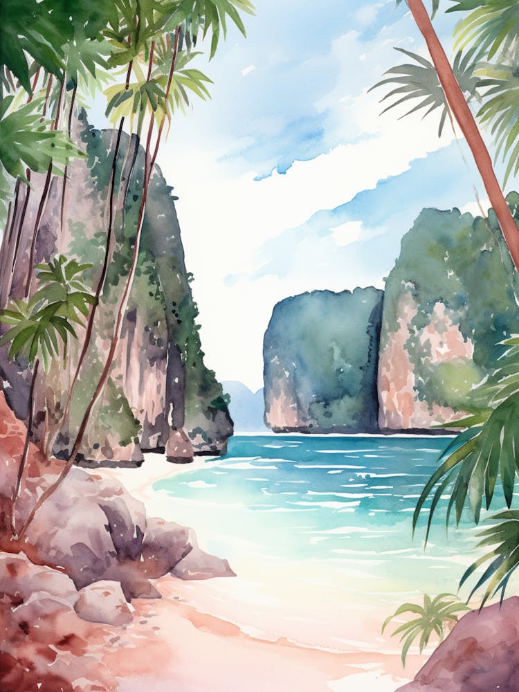 Watercolor Painting Of Maya Bay, Koh Phi Phi Thailand 1
