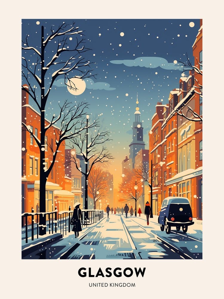 Winter Night  Travel Poster Glasgow United Kingdom 2