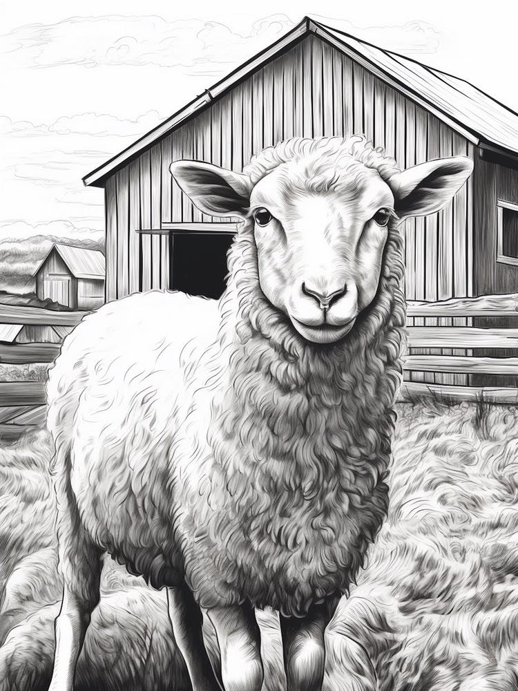 Black & White Illustration Of Highland Sheep On The Farm