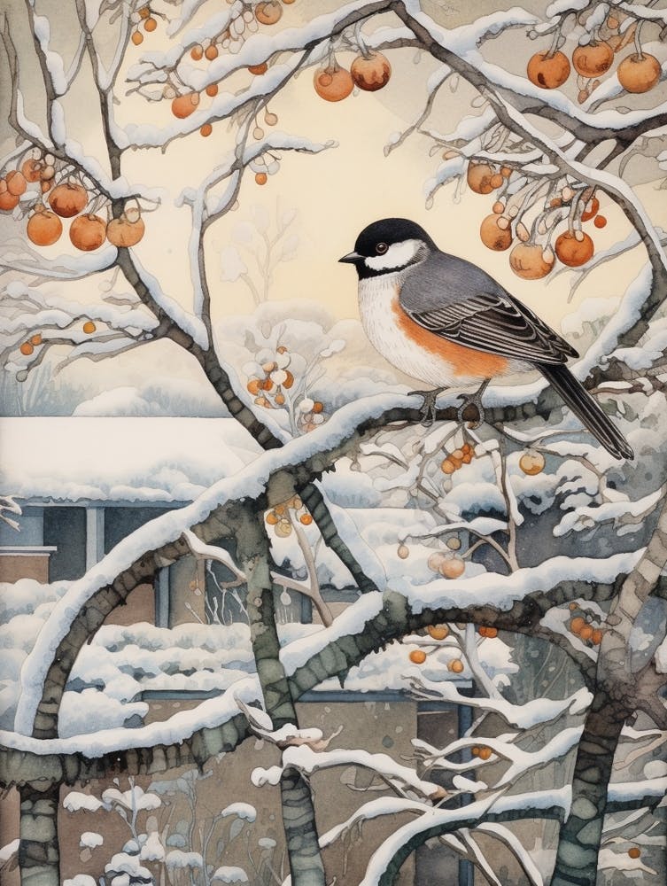 Peinture d'Oiseau Hivernal Moineau Domestique 1