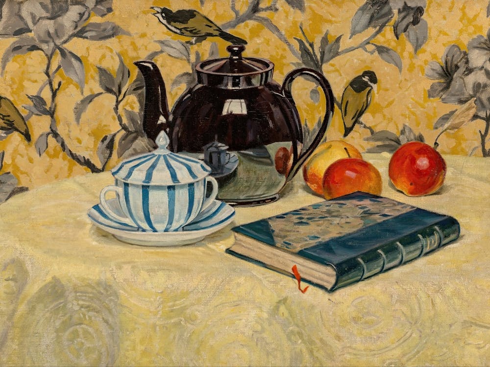 Teapot, Cup Of Tea, Book, Apples, Colorful Vintage Still Life Art