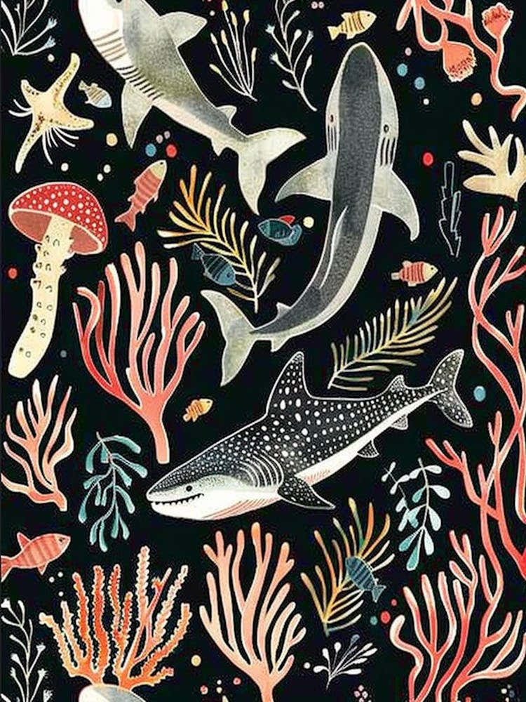 Shark Pattern Seascape Black Background Illustration 1
